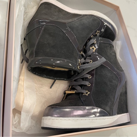 🎉HOST PICK🎉Jimmy Choo grey suede & pattern leather wedge Panama sneaker in box - Picture 4 of 16